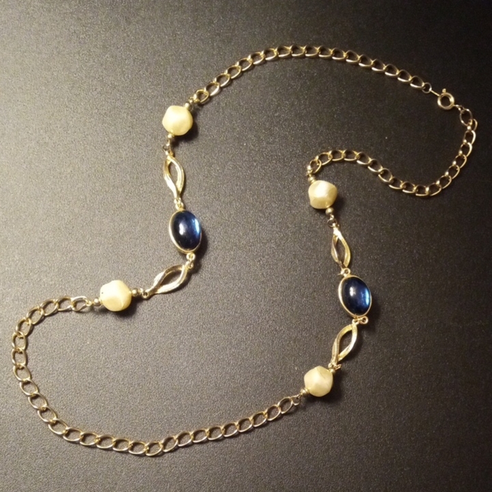 Blue Glass Bead With Pearl Bead Gold Tone Necklace